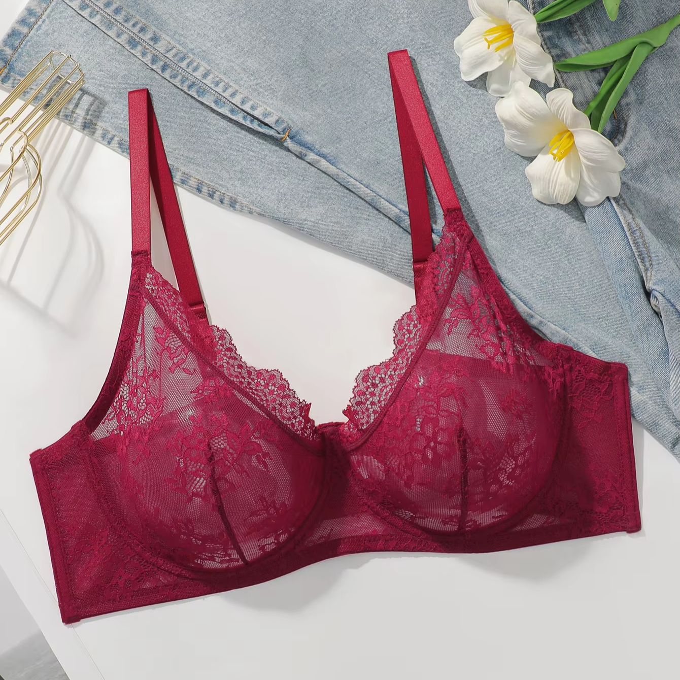 Women Plus Size Red Lace Sheer - Sheer Mesh Bra review and price