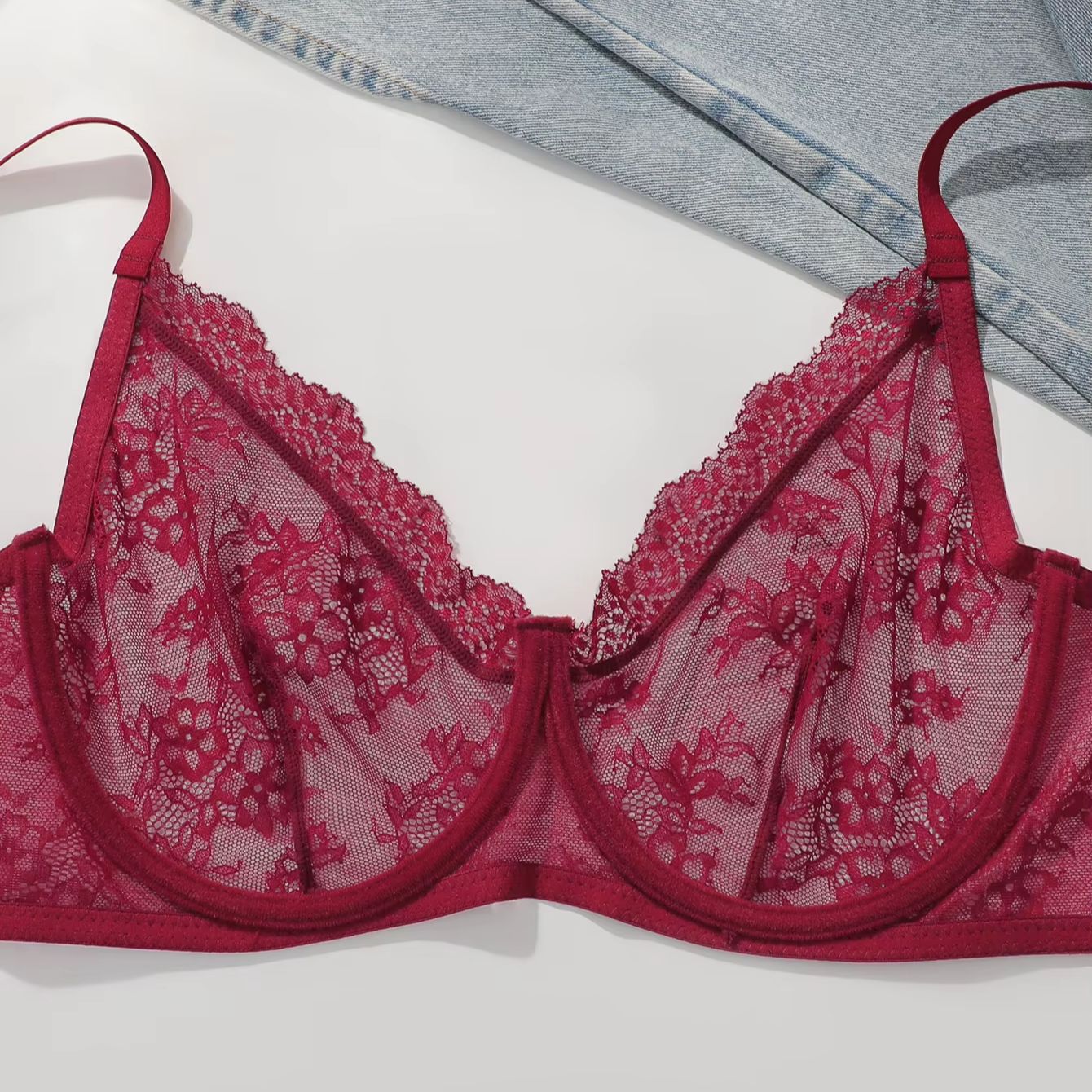 Women Plus Size Red Lace Sheer - Sheer Mesh Bra review and price